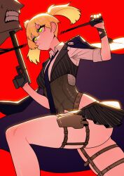  1boy absurdres asymmetrical_hair at_gunpoint black_gloves black_jacket black_necktie black_skirt blonde_hair bolt_action closed_mouth collared_shirt commentary corset dc_(makezzal) female finger_on_trigger girls&#039;_frontline gloves green_eyes gun half_gloves handgun highres holding holding_gun holding_weapon jacket jacket_on_shoulders looking_at_another necktie open_clothes open_jacket red_background shirt simple_background skirt striped_clothes striped_skirt striped_vest symbol-only_commentary vertical-striped_clothes vertical-striped_skirt vertical-striped_vest vest weapon welrod welrod_mkii_(girls&#039;_frontline) white_shirt 