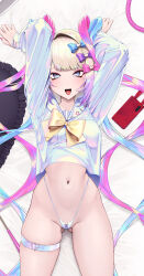  arms_up ass_visible_through_thighs bed_sheet belt blonde_hair blue_belt blue_bow blue_hair blue_panties blue_sailor_collar blue_serafuku blush bow bow_panties bowtie breasts buckle cellphone chouzetsusaikawa_tenshi-chan commentary eyeshadow fangs female fingernails gradient_belt gradient_clothes gradient_hair gradient_sailor_collar gradient_shirt hairbow heart heart-shaped_buckle highleg highleg_panties highres long_hair long_sleeves looking_at_viewer lying makeup multicolored_hair nail_polish navel needy_girl_overdose no_pants on_back open_mouth panties phone pink_belt pink_bow pink_eyeshadow pink_hair pink_nails purple_bow quad_tails sailor_collar school_uniform serafuku shirt sleeves_past_wrists smartphone smile solo stomach sweat teeth thigh_belt thigh_strap thighs tongue underwear upper_teeth_only waytok yellow_bow yellow_bowtie yume_kawaii 