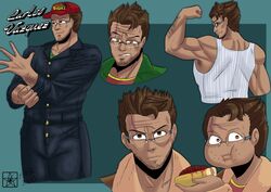  1boy brown_eyes brown_hair carlos_vazquez character_sheet clothed clothed_male dilf eyewear facial_expression facial_hair facial_scar flexing glasses headwear humor jumpsuit looking_at_viewer looking_back male male_only mrestella multiple_views muscular muscular_male over_shoulder scar solo solo_male white_sclera 