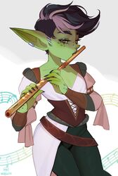  1girls absurd_res black_fingernails black_hair dress female female_only flute goblin goblin_female gobtober gobtober_2023 green_skin looking_at_viewer maewix1 narrowed_eyes pointy_ears red_eyes sharp_fingernails shaved_side solo true_flat_chest white_highlights 