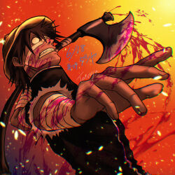  1boy arm_wrap axe black_hair blood blood_on_face blood_on_weapon clenched_teeth commentary_request dated foreshortening hair_between_eyes helmet highres holding holding_axe junkichi1222_(ryuya) male_focus orange_background tatsuya_(yuushakei) teeth upper_body weapon white_eyes yuushakei_ni_shosu 