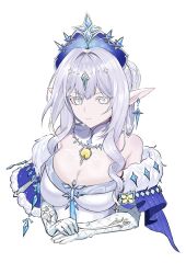  aorin_oekaki bare_shoulders breasts commentary_request cropped_torso cross cross-diamond-shaped_pupils cross-shaped_pupils cross_earrings crown dress earrings elbow_gloves female genshin_impact gloves grey_hair highres jewelry large_breasts long_hair looking_at_viewer necklace pointy_ears simple_background solo symbol-shaped_pupils tiara tsaritsa_(genshin_impact) white_background white_dress white_eyes white_gloves 