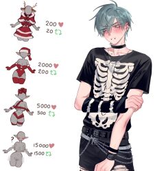  1boy alien_stage averting_eyes black_pants black_shirt blush caramel_fucks collarbone_piercing commentary daith_piercing denim ear_piercing earrings embarrassed english_commentary face_piercing highres jeans jewelry lip_piercing male_focus multiple_piercings necklace official_alternate_costume pants piercing shirt short_hair simple_background skeleton_print t-shirt till_(alien_stage) torn_clothes torn_jeans torn_pants twitter_strip_game white_background 