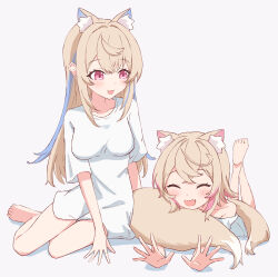  2girls absurdres alternate_costume animal_ear_fluff animal_ears barefoot blonde_hair blue_hair closed_eyes dog_ears dog_girl dog_tail fuwawa_abyssgard highres hololive hololive_english long_hair looking_at_viewer mococo_abyssgard multicolored_hair multiple_girls nekomotowata oerba_yun_fang open_mouth pink_eyes pink_hair shirt short_hair siblings sisters skin_fang smile streaked_hair tail tail_pillow twins virtual_youtuber white_shirt 