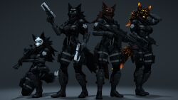  16:9 3d_(artwork) anthro assault_rifle black_body black_fur black_sclera blep blue_eyes bodypaint brown_body brown_eyes brown_fur canid canid_demon canine canis demon digital_media_(artwork) dual_wielding face_paint female fur green_eyes group gun hand_on_head handgun hellhound hi_res holding_object holding_weapon hybrid kneeling looking_at_viewer mammal military mythological_canine mythological_creature mythology orange_eyes petruz_(copyright) pistol pose ranged_weapon rifle simple_background skull_face_paint smile smiling_at_viewer sniper_rifle soldier source_filmmaker_(artwork) submachine_gun tactical_gear thevestige tongue tongue_out warrior weapon widescreen wolfdog 