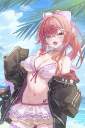  :3 :d absurdres beach bikini bikini_skirt black_jacket blue_sky blush bow breasts cat_hair_ornament cloud contrapposto cowboy_shot crossed_bangs female fish_bone frilled_bikini frills front-tie_bikini_top front-tie_top hair_between_eyes hair_ornament hairbow highres jacket kurumi_tsuchi large_breasts layered_skirt long_hair long_sleeves looking_at_viewer multicolored_bow multicolored_clothes multicolored_hair multicolored_skirt navel neck_ribbon nekota_tsuna nekota_tsuna_(vspo!_summer_2024) o-ring o-ring_bikini ocean orange_eyes orange_hair palm_tree pink_bow polka_dot polka_dot_bow polka_dot_skirt ponytail purple_bikini purple_skirt red_hair ribbon sidelocks skirt sky sleeves_past_fingers sleeves_past_wrists smile solo stomach stomach_tattoo streaked_hair stuffed_animal stuffed_cat stuffed_toy swimsuit tattoo thigh_strap tree virtual_youtuber vspo! white_bikini white_bow white_skirt x_hair_ornament yellow_ribbon yellow_skirt 