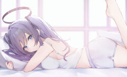  absurdres ass barefoot bed_sheet blue_archive blue_eyes blush breasts camisole closed_mouth commentary dolphin_shorts feet female from_side hair_between_eyes halo highres hojiro_same long_hair looking_at_viewer lying mechanical_halo medium_breasts on_stomach pillow purple_hair short_shorts shorts solo the_pose two_side_up white_camisole white_shorts window yuuka_(blue_archive) 