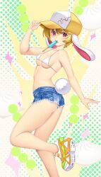  adjusting_clothes adjusting_headwear animal_ears bare_legs baseball_cap bikini blonde_hair blue_shorts breasts casual ears_down eating female food food_in_mouth from_side hair_between_eyes hand_up hat hataraki_kuma highres looking_at_viewer looking_back medium_breasts micro_shorts mouth_hold pink_eyes popsicle popsicle_in_mouth rabbit_ears rabbit_girl rabbit_tail red_eyes ringo_(touhou) shoes short_hair shorts small_breasts sneakers solo standing standing_on_one_leg swimsuit tail thighs torn_clothes torn_shorts touhou white_bikini 