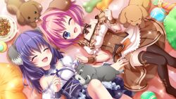  2girls ;d animal_ears ball biting_another&#039;s_clothes black_thighhighs blue_dress blue_eyes blue_hair blue_ribbon blue_wrist_cuffs blush bow bow_legwear bowl breasts brown_bow brown_dog brown_dress brown_wrist_cuffs buttons canine checkered_floor chew_toy cleavage closed_eyes corset detached_collar detached_sleeves dog_ears double-breasted dress fake_animal_ears film_grain from_above game_cg hair_intakes hiiragi_kae honjou_kasumi izumi_tsubasu lens_flare lying medium_breasts medium_hair multiple_girls neck_ribbon non-web_source off-shoulder_dress off_shoulder official_art on_back one_eye_closed open_mouth pet_bowl pillow pink_hair re:stage! ribbon short_hair single_off_shoulder smile sparkle thighhighs tongue tongue_out underbust wrist_cuffs zettai_ryouiki 