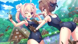  2girls ;d ahoge alternate_hairstyle ass black_bow blonde_hair blue_eyes blue_one-piece_swimsuit blue_sky bow breasts brown_hair cloud cowboy_shot day dirty dirty_clothes dirty_hands dot_nose double_bun dutch_angle film_grain game_cg hair_bun hair_intakes hair_up hairbow hand_on_another&#039;s_chest hands_up house izumi_tsubasu leaning_forward lens_flare long_hair looking_at_another medium_breasts mole mole_under_each_eye mole_under_eye mud multiple_girls multiple_moles non-circular_lens_flare non-web_source official_art one-piece_swimsuit one_eye_closed open_mouth outdoors profile re:stage! rice_paddy rice_planting school_swimsuit shikimiya_aone shiratori_amaha_(re:stage!) short_hair sky smile sparkle sunlight swimsuit tree twintails wading 