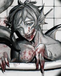  1boy bathtub blood blood_on_chest blood_on_face blood_on_hands blood_on_wall commentary eel_boy fingernails fins floyd_leech head_fins highres in_bathtub indoors looking_at_viewer male_focus monster_boy runa_2513 sharp_fingernails sharp_teeth short_hair solo spot_color symbol-only_commentary teeth tile_wall tiles twisted_wonderland upper_body wet 