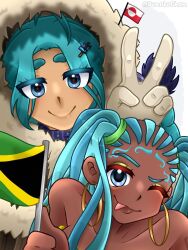  2girls alternate_costume alternate_skin_color aqua_hair blue_eyes borrowed_design breasts commentary dark-skinned_female dark_skin dreadlocks dual_persona english_commentary eyeshadow flag fur-trimmed_hood fur_trim gloves greenland greenland_flag hatsune_miku highres holding holding_flag hood hood_up jamaica jamaican_flag jamaican_miku_(allimocha) junokochan long_hair looking_at_viewer makeup multiple_girls one_eye_closed tongue tongue_out twintails upper_body v very_dark_skin vocaloid white_background white_gloves 