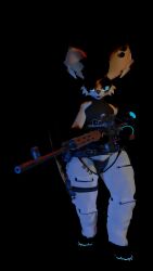  9:16 anthro basicallydeadyeen_(jmhlup) black_hair blender_(artwork) blender_cycles blue_eyes blue_pawpads clothed clothing digital_media_(artwork) dragunov glowing glowing_eyes gun hair hi_res hobkin hobkin_redux holding_gun holding_object holding_ranged_weapon holding_weapon looking_at_viewer male mechanical_arm mechanical_leg pawpads prosthetic prosthetic_arm prosthetic_limb ranged_weapon rifle simple_background sniper_rifle solo standing tail teeth unnamed_character weapon 