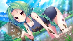  all_fours blue_one-piece_swimsuit blue_sky blush braid breasts cleavage cloud collarbone day dirty dirty_clothes dirty_hands dot_nose dutch_angle female film_grain forehead game_cg green_hair house izumi_tsubasu large_breasts lens_flare long_braid long_hair looking_at_viewer messy_hair mud mud_on_breasts non-circular_lens_flare non-web_source official_art one-piece_swimsuit open_mouth outdoors re:stage! rice_paddy school_swimsuit shirokita_kuroha single_braid sky solo sparkle sunlight sweat swimsuit tree yellow_eyes 