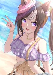  absurdres alternate_hairstyle animal_ears beach blush breasts cleavage collarbone commentary_request female hat highres hokko_tarumae_(umamusume) horse_ears horse_girl jewelry katsumori_(moyamoyatouhu) looking_at_viewer necklace ocean official_alternate_costume purple_eyes side_ponytail solo swimsuit umamusume v 