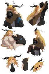  1other absurdres ambiguous_gender animal_ears arknights black_coat black_jacket blonde_hair brown_horns coat degenbrecher_(arknights) doctor_(arknights) female goat_ears goat_girl goat_horns highres hood hood_up hooded_coat hooded_jacket horns jacket najashi simple_background white_background yellow_eyes zzz 