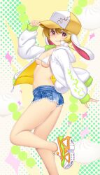  adjusting_clothes adjusting_headwear animal_ears bare_legs baseball_cap bikini bikini_under_clothes blonde_hair blue_shorts blush breasts casual commentary_request dango ears_down female food food_in_mouth from_side grin hair_between_eyes hand_up happy hat hataraki_kuma highres jacket looking_at_viewer looking_back medium_breasts micro_shorts midriff mouth_hold open_clothes open_jacket pink_eyes rabbit_ears rabbit_girl rabbit_tail red_eyes ringo_(touhou) shoes short_hair shorts small_breasts smile sneakers solo standing standing_on_one_leg swimsuit tail thighs torn_clothes torn_shorts touhou wagashi white_bikini white_jacket 