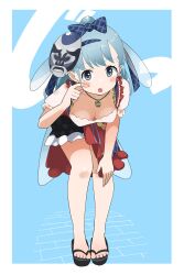  :p absurdres alternate_costume bare_legs bent_over black_footwear blue_background blue_bow blush bow dirndl dress female fins fish_girl fish_tail frilled_dress frilled_sleeves frills full_body german_clothes grey_eyes grey_hair hairbow head_fins highres iwa_(iwafish) jewelry jinmen-gyo_(kemono_friends) kemono_friends kemono_friends_3 looking_at_viewer mask mask_on_head necklace plaid_bow puffy_short_sleeves puffy_sleeves red_dress sandals shirt short_sleeves sidelocks solo tail tongue tongue_out white_shirt 