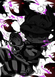  1boy air_bubble beanie belt belt_buckle blood blood_drop bound bound_wrists bright_pupils bubble buckle buttons cigarette clenched_hands collared_jacket commentary_request cuffs danganronpa_(series) danganronpa_v3:_killing_harmony english_commentary fake_horns falling feet_out_of_frame greyscale handcuffs hat highres horned_headwear horns hoshi_ryoma jacket lapels leather leather_jacket long_sleeves looking_at_viewer male_focus mixed-language_commentary monochrome mouth_hold pants parted_lips pink_blood piranha pocket restrained scythe-of-petals solo spoilers spot_color striped_clothes striped_pants two-tone_pants white_background white_pupils 