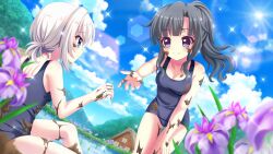  2girls alternate_hairstyle black_hair blue_eyes blue_one-piece_swimsuit blue_sky blurry blurry_foreground breasts cleavage closed_mouth cloud collarbone day dirty dirty_clothes dirty_face dirty_hands dot_nose film_grain flower flower_request from_below game_cg hair_up hand_on_own_thigh high_ponytail house itsumura_yukari izumi_tsubasu leaning_forward lens_flare long_hair looking_at_another medium_breasts mud multiple_girls nishidate_haku non-circular_lens_flare non-web_source official_art on_ground one-piece_swimsuit outdoors outstretched_arm outstretched_hand profile purple_flower re:stage! rice_paddy school_swimsuit short_hair short_ponytail shoulder_blades sidelocks sitting sky small_breasts smile sparkle sun swimsuit wading white_hair 