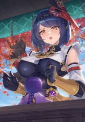  :o absurdres black_gloves black_hair black_shirt blue_sky blush breast_curtain breasts commentary_request day detached_sleeves female genshin_impact gloves highres kujou_sara large_breasts mask mask_on_head open_mouth shirt short_hair sidelocks sky solo statue_of_her_excellency_(genshin_impact) takinashi_(friend_coffee) teeth upper_teeth_only vision_(genshin_impact) yellow_eyes 