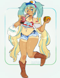  aqua_eyes aqua_hair bag baseball_cap bass_pro_shops blonde_hair boots brand_name_imitation budweiser burger cup denim denim_shorts disposable_cup drinking drinking_straw female food hat hatsune_miku highres holding holding_burger holding_food lumiseal micro_shorts multicolored_hair navel one_eye_closed plump shopping_bag shorts soda solo tan tanlines twintails united_states vocaloid walmart 