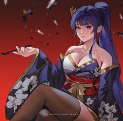  bare_shoulders commentary detached_sleeves feet_out_of_frame female genshin_impact grey_thighhighs highres holding holding_smoking_pipe kiseru long_hair looking_at_viewer notgustiarp obi ponytail purple_eyes purple_hair raiden_shogun red_background red_sash sash sitting smoking_pipe solo strapless_kimono thighhighs very_long_hair 