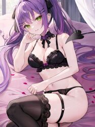  =_hair_ornament alternate_costume aria_(ariacue) armpits bare_arms bare_shoulders bed_sheet black_bow black_bowtie black_bra black_choker black_thighhighs bow bow_bra bowtie bra breasts choker cleavage crossed_bangs demon_girl demon_tail ear_piercing earrings feet_out_of_frame female flower garter_belt garter_straps green_eyes groin hairbow hand_on_own_chin highres hololive jewelry lace-trimmed_bra lace-trimmed_choker lace-trimmed_garter_belt lace-trimmed_thighhighs lace_trim light_blush lingerie long_hair looking_at_viewer medium_breasts navel on_bed piercing pillow purple_flower purple_hair purple_rose rose smile solo stomach tail tail_ornament tail_piercing teeth thighhighs thighs tokoyami_towa twintails underwear virtual_youtuber 