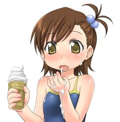  blush breasts brown_hair commentary_request female food futami_mami hair_bobbles hair_ornament ice_cream idolmaster idolmaster_(classic) idolmaster_1 one_side_up open_mouth school_swimsuit sexually_suggestive short_hair small_breasts soft_serve solo swimsuit upper_body yellow_eyes zanzi 