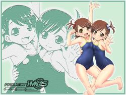  2girls arm_up barefoot blue_one-piece_swimsuit blush breasts brown_eyes brown_hair commentary_request futami_ami futami_mami hair_bobbles hair_ornament highres hug idolmaster idolmaster_(classic) idolmaster_1 looking_at_viewer multiple_girls one-piece_swimsuit one_side_up open_mouth school_swimsuit short_hair siblings sisters small_breasts smile swimsuit twins zanzi zoom_layer 