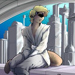  2019 anthro artist_name blonde_hair blue_eyes brown_body brown_fur city city_background clothing flying_vehicle fur hair hi_res jedi jedi_tunic male mammal mustelid otter otter_tail pandottermon shirt signature sky solo star_wars text topwear traffic tunic white_clothing white_shirt white_topwear white_tunic 