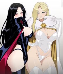  2girls absurdres black_cape black_hair blonde_hair blue_eyes boots breasts cape elbow_gloves emma_frost fur_collar gloves hand_on_own_hip highres large_breasts long_hair marvel multiple_girls nico-neko red_eyes selene_gallio simple_background upper_body white_background white_cape white_gloves x-men 