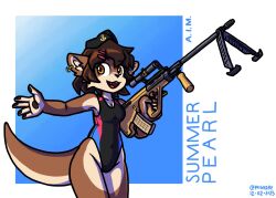  2025 accessory anthro assault_rifle aug_hbar bipod breasts brown_body brown_fur brown_hair bullpup clothing female frigadae fur gun hair hair_accessory hairclip hat headgear headwear hi_res inner_ear_fluff mammal medium_breasts mustelid one-piece_swimsuit open_mouth otter pawpads pearl_aurora ranged_weapon rifle short_hair solo steyr_aug swimwear tan_body tan_fur tuft weapon yellow_eyes 