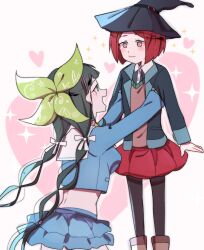  2girls black_hair black_hat black_jacket black_pantyhose blue_serafuku blue_shirt blue_skirt blush blush_stickers bob_cut bow chabashira_tenko closed_mouth commentary danganronpa_(series) danganronpa_v3:_killing_harmony english_commentary green_bow green_eyes hair_ornament hair_ribbon hairband hairbow hairclip hat heart highres huyandere jacket lifting_person long_hair long_sleeves midriff multiple_girls open_mouth pantyhose pink_hairband red_eyes red_hair red_skirt ribbon sailor_collar school_uniform serafuku shirt short_hair skirt smile sparkle very_long_hair white_background white_ribbon white_sailor_collar witch_hat yumeno_himiko yuri 