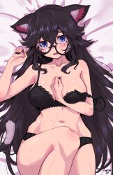  absurdres animal_ear_fluff animal_ears arm_between_breasts between_breasts black-framed_eyewear black_bra black_hair black_nails black_panties blue_eyes borrowed_character bra breasts cat_ears chilidog_(lumchan777) collarbone commission cowboy_shot crying crying_with_eyes_open curled_fingers dot_nose double-parted_bangs female glasses highres knee_up korean_commentary lace-trimmed_bra lace_trim large_breasts lingerie lying nail_polish navel on_back open_mouth original panties pixiv_commission signature solo sweat tears thick_eyebrows thighs underwear very_sweaty 