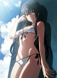  black_hair blue_eyes blush bra breast_slip breasts female from_behind hair_ornament hair_ribbon inanaki_shiki lingerie long_hair looking_at_viewer my_teen_romantic_comedy_snafu nipples nude_filter_request open_clothes pantsu posterior_cleavage ribbon school_uniform simple_background small_breasts solo tagme thighhighs underwear yukinoshita_yukino 