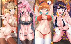  4girls alternate_breast_size angel_wings arms_behind_head belly_button big_breasts black_bikini black_coat black_hair black_panties black_underwear blonde_hair blue_eyes blush blushing bound bound_wrists breasts brown_bikini brown_panties brown_underwear chef_hat cleavage coat crown cuffs diadem embarrassed fellatio_gesture female female_focus female_only fuzzlogik green_hair halo handcuffs handprint hat highres holding holding_object hololive hololive_english hololive_myth large_breasts legs legs_spread legs_together light-skinned_female light_skin long_hair long_nails looking_at_viewer looking_away medium_breasts medium_hair mori_calliope multicolored_hair multiple_girls ninomae_ina&#039;nis orange_hair orange_panties orange_underwear pale-skinned_female pale_skin panties pink_eyes pink_hair pointy_ears purple_eyes purple_hair questionable_consent short_hair skinny smile stockings swimsuit takanashi_kiara tentacle tentacles thick_thighs thighhighs thighs tiara underwear very_long_hair virtual_youtuber watson_amelia wings 