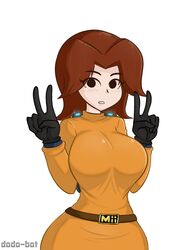  1girls 2d big_breasts blush breasts clothed clothing dodo-bot female female_only fully_clothed gloves human image light-skinned_female mii mii_gunner mii_gunner_(smash_4) mob_face nintendo peace_sign solo standing super_smash_bros. super_smash_bros._for_nintendo_3ds_and_wii_u tagme thick_thighs white_background wide_hips 