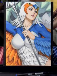  2025 art_tools_in_frame bird blue_dress blue_eyes breasts commentary dress eagle english_commentary fake_wings feather_dress feathers female he-man helmet highres holding holding_staff large_breasts looking_to_the_side marker_(medium) orange_feathers parted_lips photo_(medium) pink_lips signature solo sorceress_(he-man) staff stanley_lau traditional_media two-tone_dress upper_body white_dress wings 