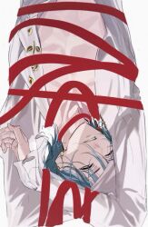  1boy arms_bound_above_head arms_up b_o_w_(ensemble_stars!) bound bound_arms commentary ear_piercing earclip earrings ensemble_stars! hair_between_eyes highres himeru_(ensemble_stars!) jewelry long_sleeves male_focus mismatched_earrings one_eye_closed open_clothes open_shirt parted_lips piercing red_ribbon ribbon ribbon_bondage shirt short_hair solo untranslatable_commentary upper_body white_shirt yellow_eyes zetsubou_wo_okurou_ka 