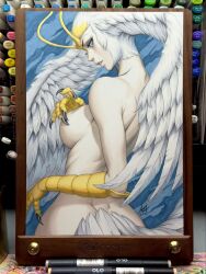  2025 art_tools_in_frame blush breasts claws commentary covering_nipples covering_privates devilman english_commentary feather_hair feathered_wings feathers female half-harpy harpy head_wings highres large_breasts large_head_wings looking_at_viewer looking_back marker_(medium) monster_girl nude parted_lips photo_(medium) signature sirene_(devilman) solo stanley_lau talons traditional_media wings 