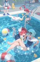  2boys 2girls 5708883835 abby_(aotu_world) absurdres aotu_world aqua_hair ball barefoot beachball black_one-piece_swimsuit black_swim_trunks book braid can canine cerberus_(aotu_world) chinese_commentary closed_mouth commentary_request day drink_can emy_(aotu_world) expressionless eyewear_on_head flippers goggles goggles_around_neck hair_ornament highres holding holding_book holding_can horns inflatable_armbands innertube long_hair multiple_boys multiple_girls one-piece_swimsuit open_mouth pepsi pink_eyes pius_(aotu_world) pool pool_ladder rabbit_hair_ornament red_eyes red_hair sandals scar scar_on_cheek scar_on_face short_hair sign sitting smile soda_can sunglasses swim_ring swimsuit topknot tulip_(aotu_world) unworn_sandals white_horns 