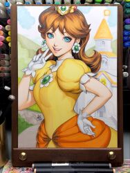  2025 art_tools_in_frame blue_eyes breasts brooch brown_hair castle commentary crown dress earrings english_commentary female flipped_hair flower_brooch flower_earrings frilled_gloves frills gloves gold_crown gown hand_on_own_hip highres jewelry long_hair looking_at_viewer mario_(series) marker_(medium) medium_breasts open_mouth photo_(medium) princess princess_daisy puffy_short_sleeves puffy_sleeves short_sleeves signature smile solo stanley_lau traditional_media upper_body v white_gloves yellow_dress 