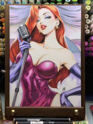  2025 art_tools_in_frame blue_eyes breasts commentary dress elbow_gloves english_commentary eyeshadow female glitter_dress gloves hand_on_own_knee highres holding holding_microphone_stand jessica_rabbit large_breasts long_hair looking_at_viewer makeup marker_(medium) microphone microphone_stand orange_hair photo_(medium) pink_dress purple_eyeshadow purple_gloves red_lips signature solo stanley_lau traditional_media who_framed_roger_rabbit 
