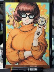  1boy 2025 art_tools_in_frame black-framed_eyewear breasts brown_hair canine closed_mouth commentary english_commentary female freckles glasses great_dane highres holding holding_magnifying_glass large_breasts looking_at_viewer magnifying_glass marker_(medium) orange_sweater photo_(medium) scooby-doo scooby-doo_(series) shaggy_rogers short_hair signature smile stanley_lau sweater traditional_media turtleneck turtleneck_sweater upper_body velma_dinkley 