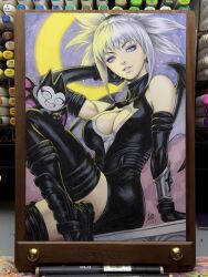  2025 arm_support art_tools_in_frame black_boots black_gloves boots breasts cleavage_cutout clothing_cutout commentary de-mo elbow_gloves english_commentary female gloves highres komori_aimi large_breasts leather_dress looking_at_viewer marker_(medium) parted_lips photo_(medium) purple_eyes shadow_lady signature sitting stanley_lau thigh_boots traditional_media white_hair wings 
