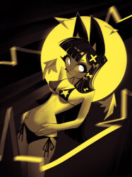  andaerz animal_ears bare_shoulders bikini black_bikini black_hair blunt_bangs bow breasts cat_ears cat_girl cat_girl_(andaerz) cross_hair_ornament detached_wings female glowing glowing_eyes hair_ornament hairbow halo hands_on_own_hips highres large_ears limited_palette long_hair looking_at_viewer midriff narrow_waist navel original print_bikini side-tie_bikini_bottom solo star_(symbol) star_print star_print_bikini swimsuit white_eyes wings 