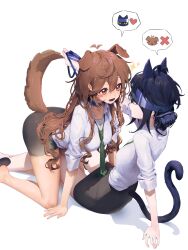  2girls absurdres ahoge ahoge_wag all_fours animal_collar animal_ears antenna_hair arm_support black_skirt blue_hair blue_headband blush_stickers breasts brown_hair canine cat_ears cat_girl cat_tail cf_sdg claw_hair_clip collar collared_shirt commentary dog_ears dog_girl dog_tail double-parted_bangs dress_shirt expressive_hair eye_contact feline green_necktie hair_between_eyes headband heart highres holding holding_leash large_breasts leash long_hair looking_at_another loose_necktie medium_breasts miniskirt multiple_girls necktie office_lady open_mouth original pencil pencil_skirt red_eyes shadow shirt simple_background sitting skirt sleeves_rolled_up smile sparkle speech_bubble spoken_animal tail very_long_hair white_background white_shirt yellow_eyes yuri 