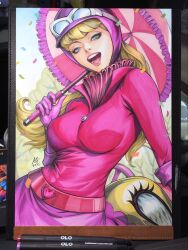  2025 art_tools_in_frame blonde_hair blue_eyes breasts commentary english_commentary female goggles goggles_on_headwear helmet highres holding holding_umbrella large_breasts long_hair looking_at_viewer marker_(medium) open_mouth penelope_pitstop photo_(medium) pink_helmet pink_lips pink_shirt pink_skirt shirt signature skirt solo stanley_lau traditional_media umbrella upper_body wacky_races 