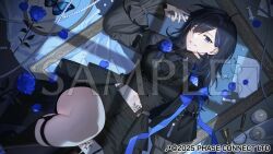  2025 arm_strap arm_up ayase_yuu black_bow black_bowtie black_hair black_shirt black_shoes black_shorts black_skirt black_socks black_thighhighs black_vest blue_bow blue_butterfly blue_flower blue_gem blue_petals blue_ribbon blue_rose boutonniere bow bowtie brooch bug butterfly buttons candle candlestand center_frills charm_(object) chess_piece commentary_request copyright_logo copyright_notice crop_top cropped_shirt cropped_vest cross cross_earrings double-breasted double-parted_bangs ear_cuffs earrings empty_picture_frame envelope fabric female fire flower flower_tattoo framed_insect freestyle18 frilled_shirt frills garter_straps gem grey-framed_eyewear grin hair_behind_ear hair_over_one_eye high_collar holding holding_chess_piece indoors jewelry keyring kneehighs lapels leaf leaf_tattoo leg_tattoo legwear_garter letter logo long_hair long_sleeves looking_at_viewer lying magnifying_glass merchandise_available midriff monocle monocle_chain multiple_earrings navel notched_lapels o-ring o-ring_arm_strap official_art on_back open_mouth pawn_(chess) pearl petals phase_connect picture_frame puffy_sleeves queen_(chess) quilted_clothes ribbon rook_(chess) rose rose_petals sample_watermark shadow shirt shoes shorts showgirl_skirt single_garter_strap single_kneehigh single_legwear_garter single_sock single_thighhigh skirt smile socks solo stomach_tattoo string_of_pearls suspender_shorts suspenders suspenders_under_shirt tattoo thighhighs unworn_eyewear vest virtual_youtuber watermark wax_seal window_shadow wolf_cut 